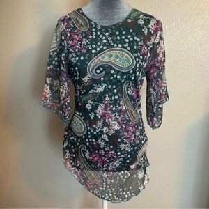 Women’s Medium Boho Floral Paisley Teal Semi-Sheer Mid-sleeve Top